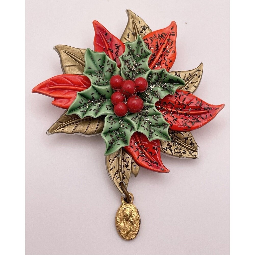 Poinsettia Holly Christmas Brooch with Dangling Religious Medal Jesus and Mary